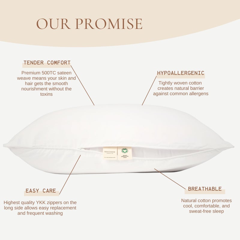 Makemake Organics Organic Cotton Pillow Protector (Set of 2) GOTS Certified Organic Pillow Cases Zippered Breathable Barrier Fits Standard (20x26, Pearl White) - Image 2